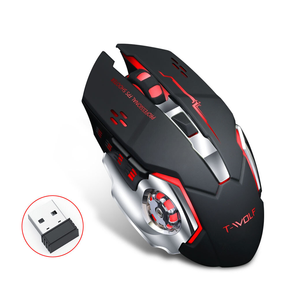 T-Wolf Q13 Wireless Rechargeable Mouse 2400DPI bluetooth5.0+2.4G Dual Mode 4 Buttons Home Office Mouse with LED Backlit for Laptop PC Notebooks