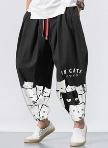 Japanese Cartoon Cat Print Pants with Drawstring Waist and Contrast Terrain - Black S Brand: ChArmkpR