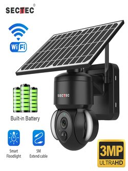 SECTEC Smart WiFi Solar Floodlight Camera Outdoor 3MP HD Surveillance Camera Motion Detection Color Night Vision Two-Way Audio IP66 Waterproof - Black/White